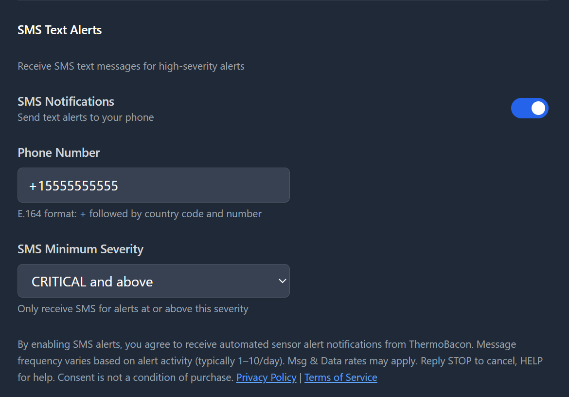 Screenshot of ThermoBacon Settings page showing SMS opt-in toggle, phone number input, severity selector, and consent disclosure text